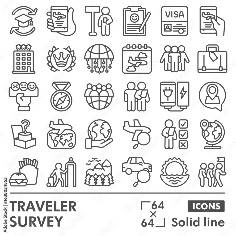 Poster travel survey symbols collection or sketches, traveling theme bubble with line style signs for web a