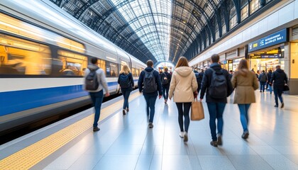 Blurred Train Station with Commuters