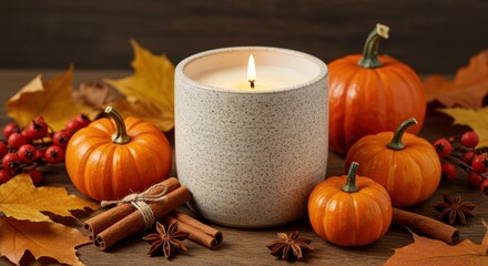 Warm autumn ambience with pumpkins cinnamon sticks and burning candle creating a rustic harvest season display