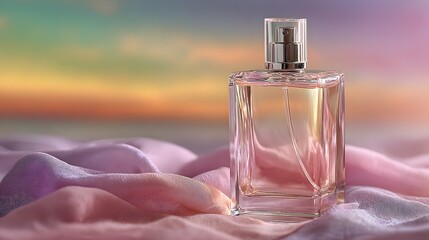 Elegant glass perfume bottle with a sparkling cap resting on soft flowing fabric against a vibrant pastel gradient background