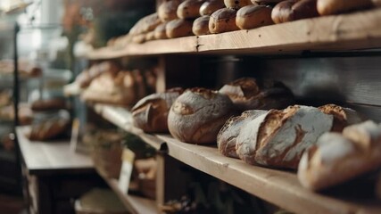 Variety of fresh baked goods in a bakery shop. Includes sourdough, rye, croissants and other types.