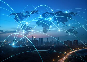 Global network connections displayed over a world map representing international communication and business transactions during the evening