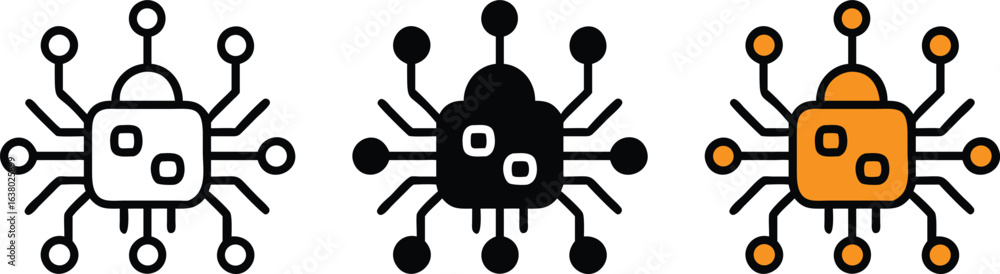 Poster microchip network icon set circuit technology ai processor vector black white orange