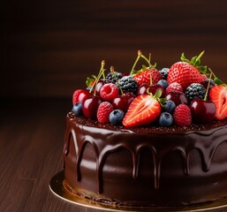 Rich chocolate cake topped with assorted fresh berries and cherries for a dessert celebration