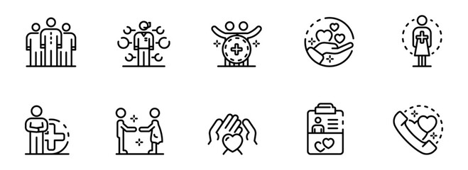 Healthcare Team Collaboration:  Modern Line Icons Set, Positive and Supportive Mood, Medical Professionals, Patient Care, Teamwork, Charity, Connection,  Wellness,  Compassionate Service.
