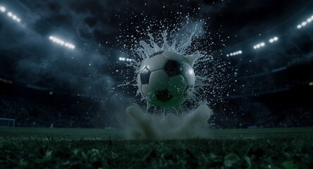 Dramatic Soccer Ball Splash Night Stadium Action Stock Photo