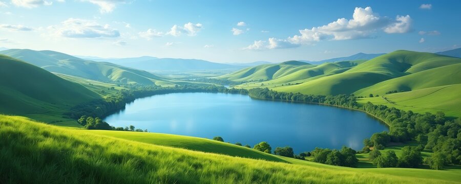 Expansive countryside panorama with vibrant green rolling hills surrounding calm blue lake under clear sky. Vegetation, trees line water edge, creating serene, peaceful natural landscape perfect for