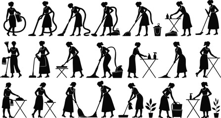 Obraz premium Cleaning silhouette set, household chores, vacuum, mop, sweep, iron, tidy icons, domestic work, black figures, cleaning tools, neat living visuals