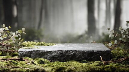 Obraz premium A natural stone pedestal covered in moss sits in a misty enchanted forest with soft sunlight filtering through the trees