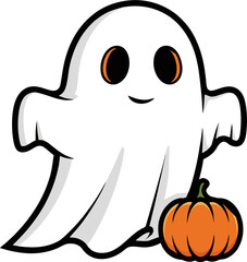A simple and cute cartoon ghost standing next to a small orange pumpkin