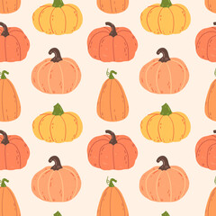 cozy autumn seamless pattern with different pumpkins on a light background