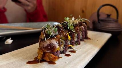 Spanish style grilled meat skewers served