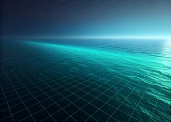 Obraz premium A captivating depiction of vast ocean waters infused with a geometric grid overlay to represent digital data and emerging technological visualizations