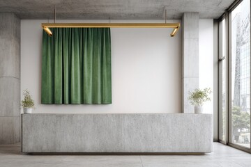 Modern concrete reception area with green drapes