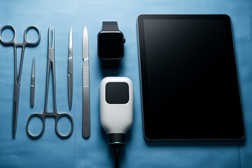 Flat lay of modern medical technology and traditional surgical tools