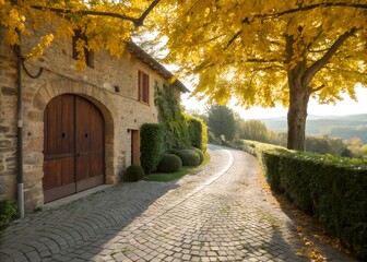 Fototapeta premium Charming stone house entrance with a cobblestone driveway leading into a picturesque countryside scene surrounded by autumn foliage and a beautiful tree.