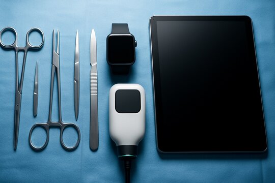 Flat lay of modern medical technology and traditional surgical tools