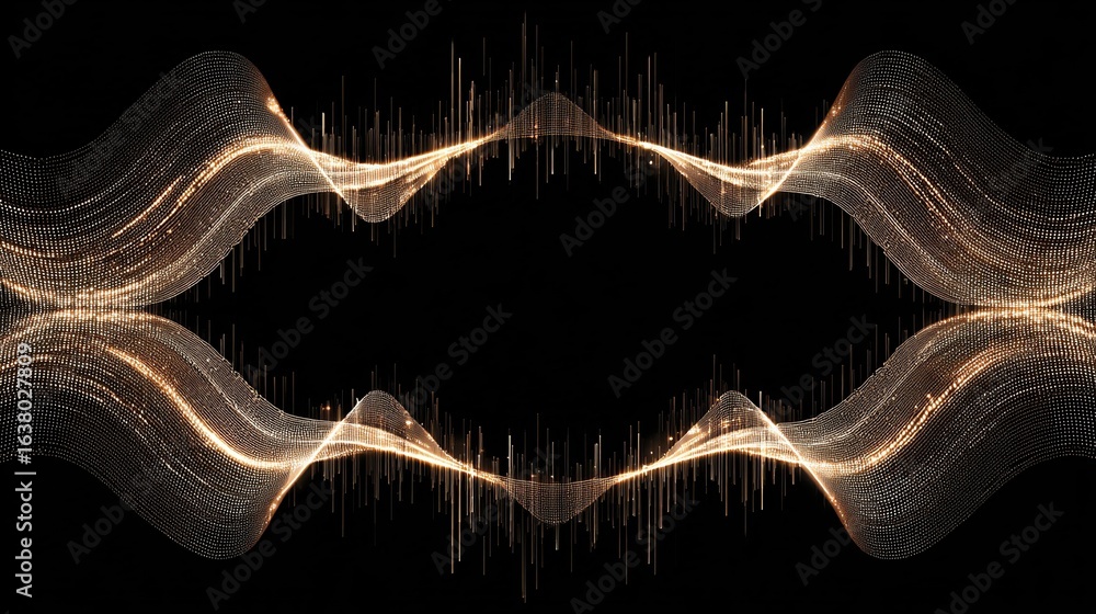 Aufkleber abstract symmetrical wave form, shimmering light on a black background creating an effect