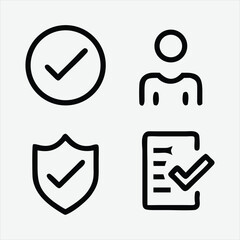 Collection of Four Black Outline Icons: Checkmark, Person, Shield, Document on White Background