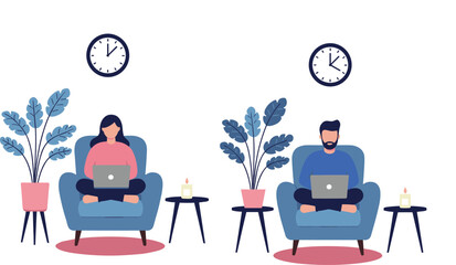Cozy remote work scene with two people, armchairs and laptops, candles, clocks, plants, asynchronous collaboration in modern lifestyle illustration