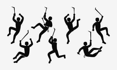 Black Silhouettes of Rock Climbers Ascending with Ice Axes on White Background rock climbing