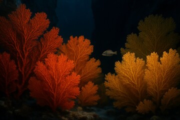 Underwater coral reef vibrant with orange and yellow sea fans in the deep sea
