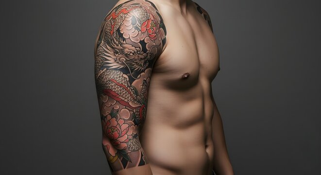 Full-color Japanese dragon sleeve tattoo
