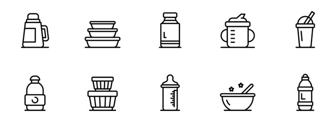 Clean Minimalist Line Icons: Food Storage Containers, Bottles, Baby Feeding Utensils, and Drinkware for Modern Lifestyle Designs.