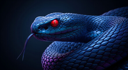 Fototapeta premium Mysterious blue serpent with piercing red eyes in darkness