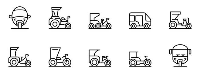Collection of Minimalist Line Art Icons: Diverse Transportation Modes, Including Pedal-Powered and Motorized Vehicles, Ideal for App Design, Website UI, and Infographics.