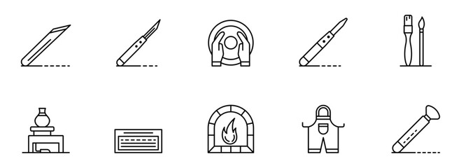 Modern Line Art Icons: Pottery, Painting, and Sculpting Tools;  Clean Minimalist Style;  Creative Hobby and Craft Supplies Illustration.