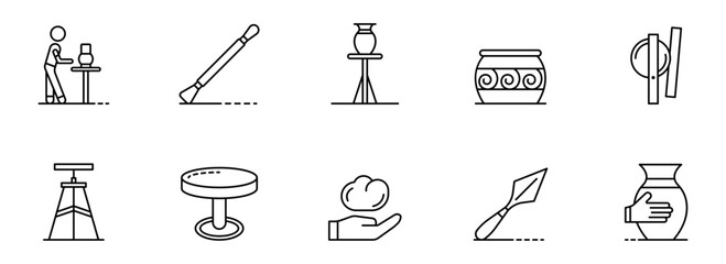 Pottery Tools and Equipment: Simple Line Icons for Craft, Hobby, and DIY Projects;  Clean Minimalist Style, Neutral Mood.