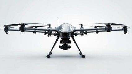 Advanced Grey Octocopter Drone with Integrated Camera System, Isolated on Bright White Studio Background