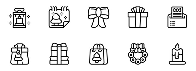 Ten Festive Christmas Icons:  Outline Style, Simple Line Art, Cheerful Holiday Mood, Perfect for Website Design, App UI, Greeting Cards, and Festive Branding.
