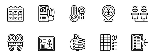 Smart Farming Technology Icons:  Modern Line Art Style, Clean Minimalist Design,  Illustrating Precision Agriculture,  Data Monitoring,  Environmental Control, and Sustainable Growth.