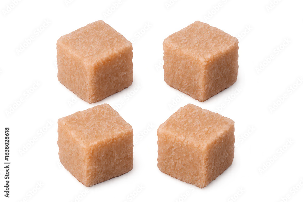 Poster four brown sugar cubes isolated on a transparent background, perfect for adding a touch of sweetness