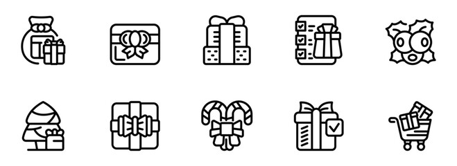 Modern Minimalist Christmas Gift Icons:  Black and White Line Art Style, Festive and Cheerful Mood, Perfect for Holiday Branding and Website Design.