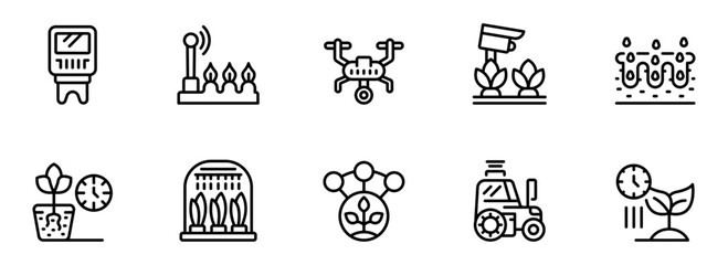 Modern Agriculture Technology Icons: Smart Farming, Precision Agriculture, Drone Monitoring, Automated Irrigation, Data Analysis, Greenhouse Control, Time-Lapse Growth, and Tractor Automation.