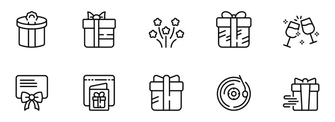 Collection of Ten Festive Line Art Icons: Gifts, Celebration, and Party Elements; Perfect for Invitations, Websites, and Branding Projects.