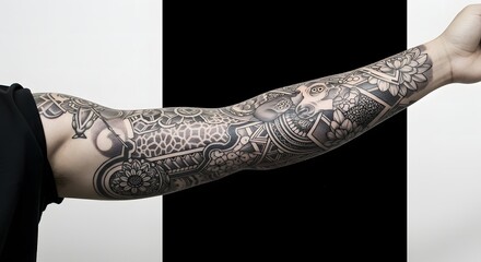 Full forearm sleeve tattoo showcasing a blend of geometric and floral blackwork designs with animal elements.
