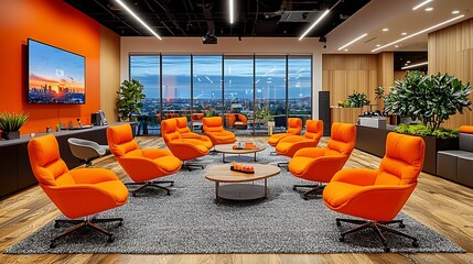 Modern orange conference room with city views.