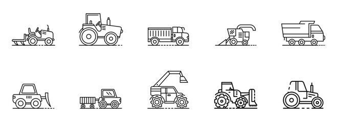 Collection of Nine Minimalist Line Art Agricultural and Construction Vehicle Icons: Tractor, Truck, Harvester, Bulldozer, Loader, and More.
