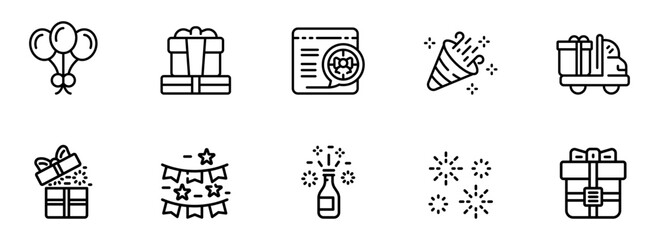 Celebration Icons:  A cheerful collection of line art graphics depicting gifts, balloons, party poppers, fireworks, and celebratory delivery, perfect for websites, apps, and festive designs.