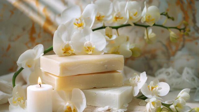 A collection of handmade lavender soaps and candles, presented beautifully on a floral arrangement. Perfect for spa-like relaxation or as a thoughtful gift.