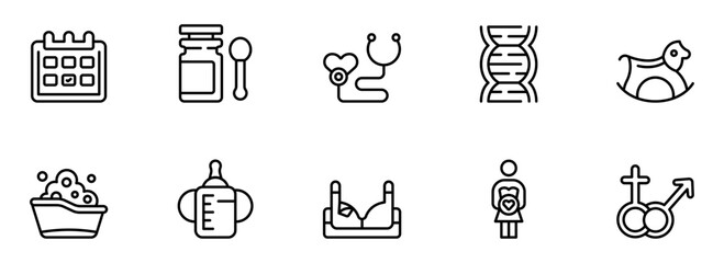 Modern minimalist line icons depicting pregnancy, parenthood, healthcare, and family planning; perfect for websites, apps, and educational materials.