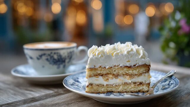 Indulge in a classic layered sponge cake with whipped cream, paired with a creamy flat white on a vintage saucer, set on a rustic caf&eacute; table.