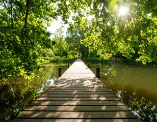 Obraz premium Wooden dock extending over calm water, surrounded by lush green trees and dappled sunlight