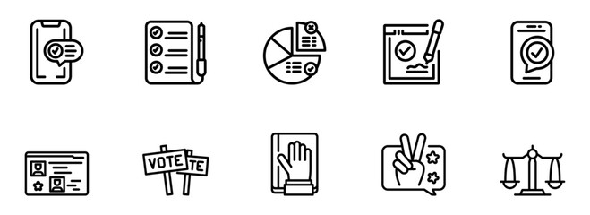 Modern Line Icons: Voting, Checklist, Surveys,  Data Analysis,  Legal, and Approval Process Concepts;  Clean, Minimalist Style.