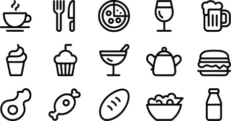 Food and Drink Outline Icon Set: A Collection of Vector Symbols for Restaurant Menu, Caf&eacute;, Bar, Fast Food, and Cuisine,