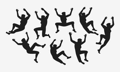 Diverse Black Silhouettes of Rock Climbers in Dynamic Poses on White Background rock climbing